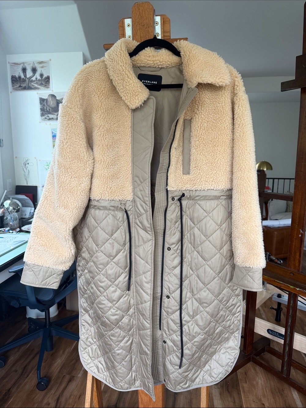 Everlane Cream Sherpa and Quilted Long Puffer Coat